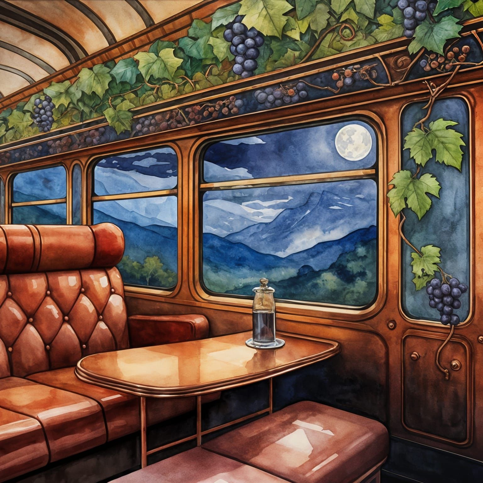 Art Deco Train Interior in Watercolor Style