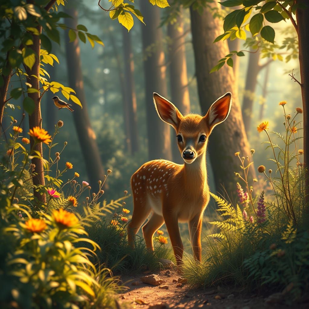 Peaceful Summer Forest Scene with Fawn Hiding in Bush