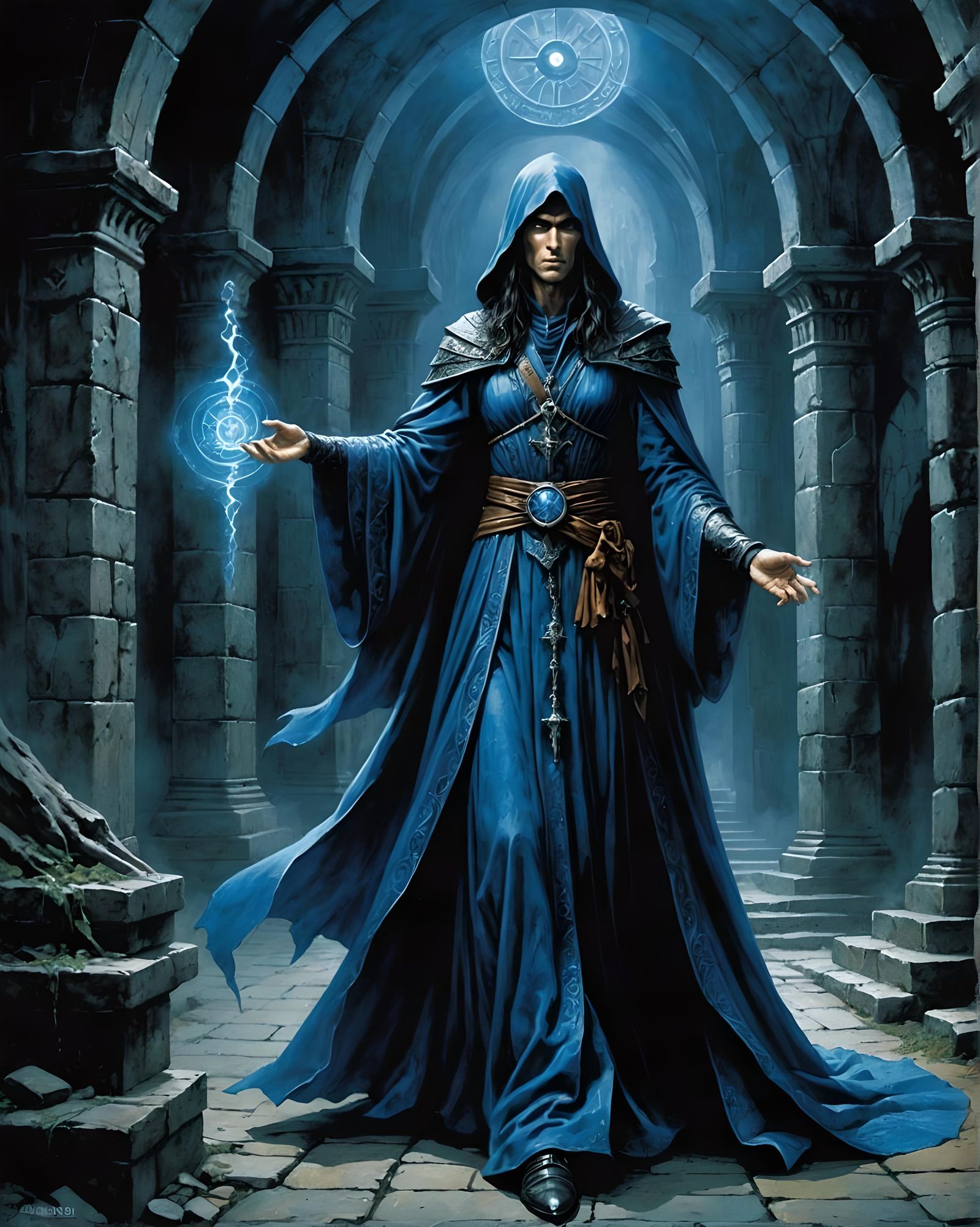 Wizard Casting Blue Glyph in Dark Dungeon