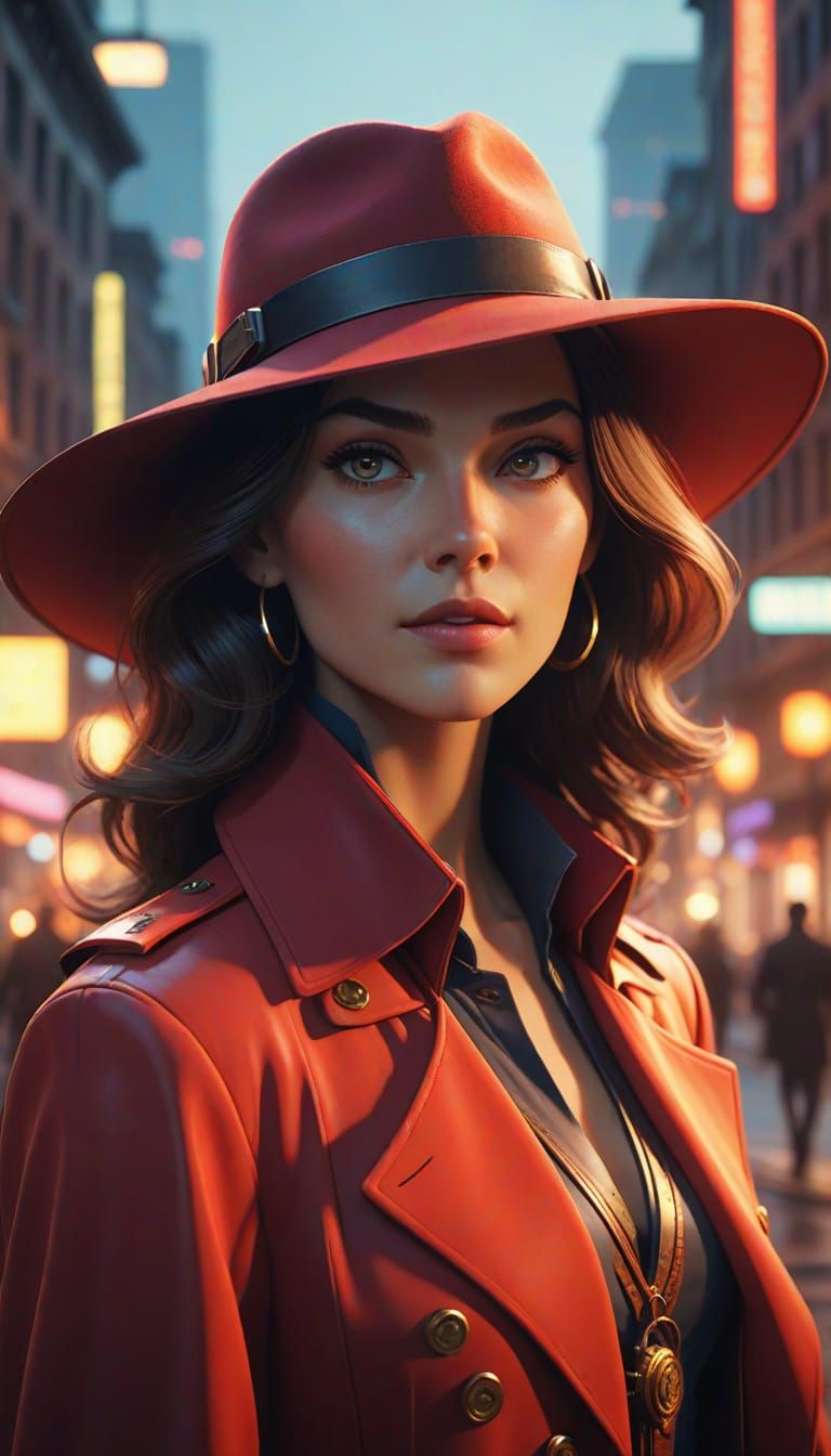 Mysterious Carmen Sandiego in a Gilded Cityscape