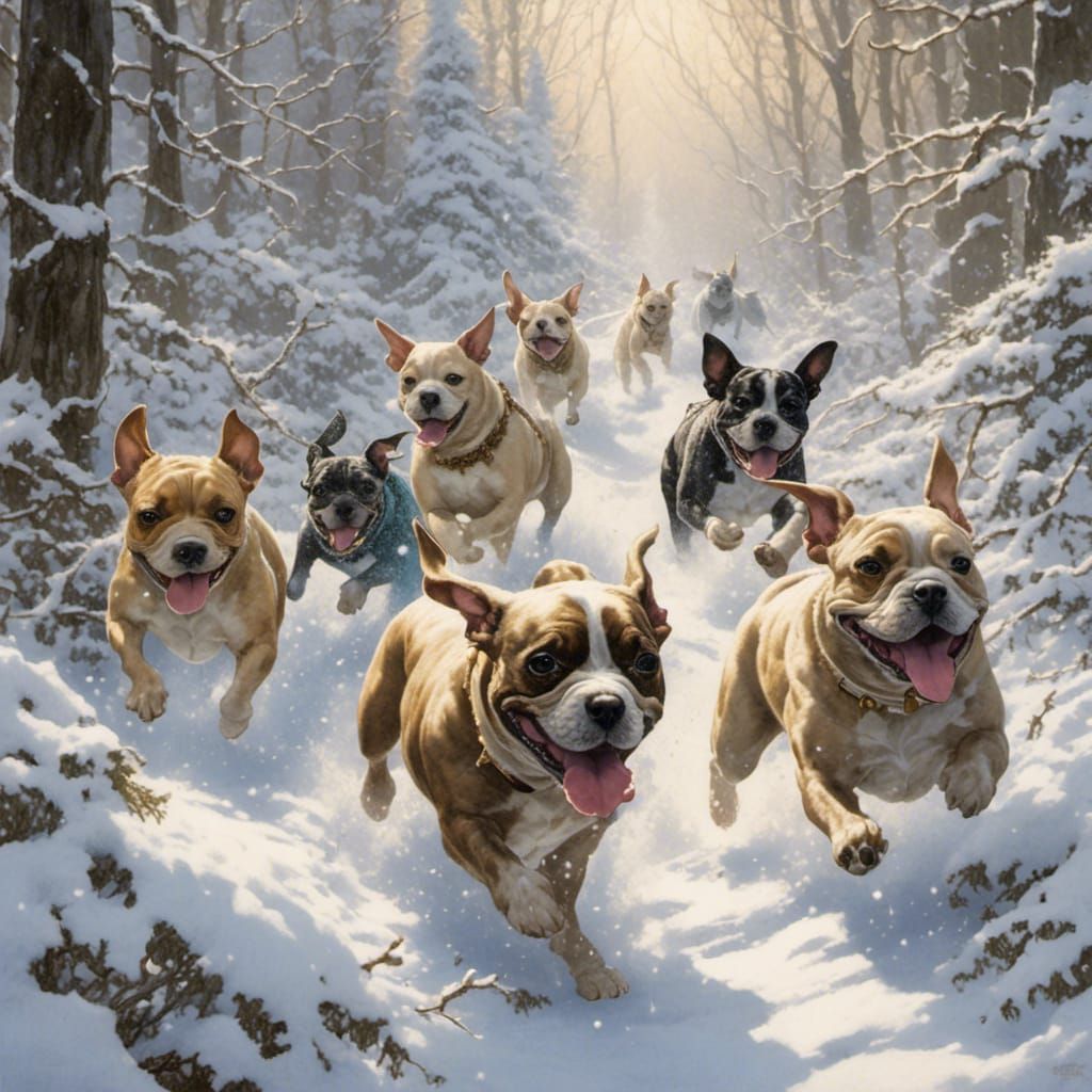 French Bulldogs Play in Winter Forest