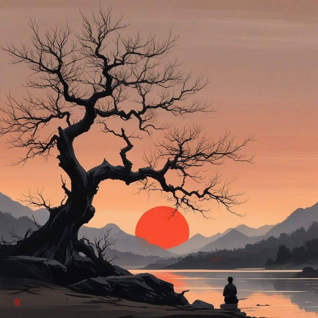 Surreal Samurai Contemplates in Haunting Japanese Landscape