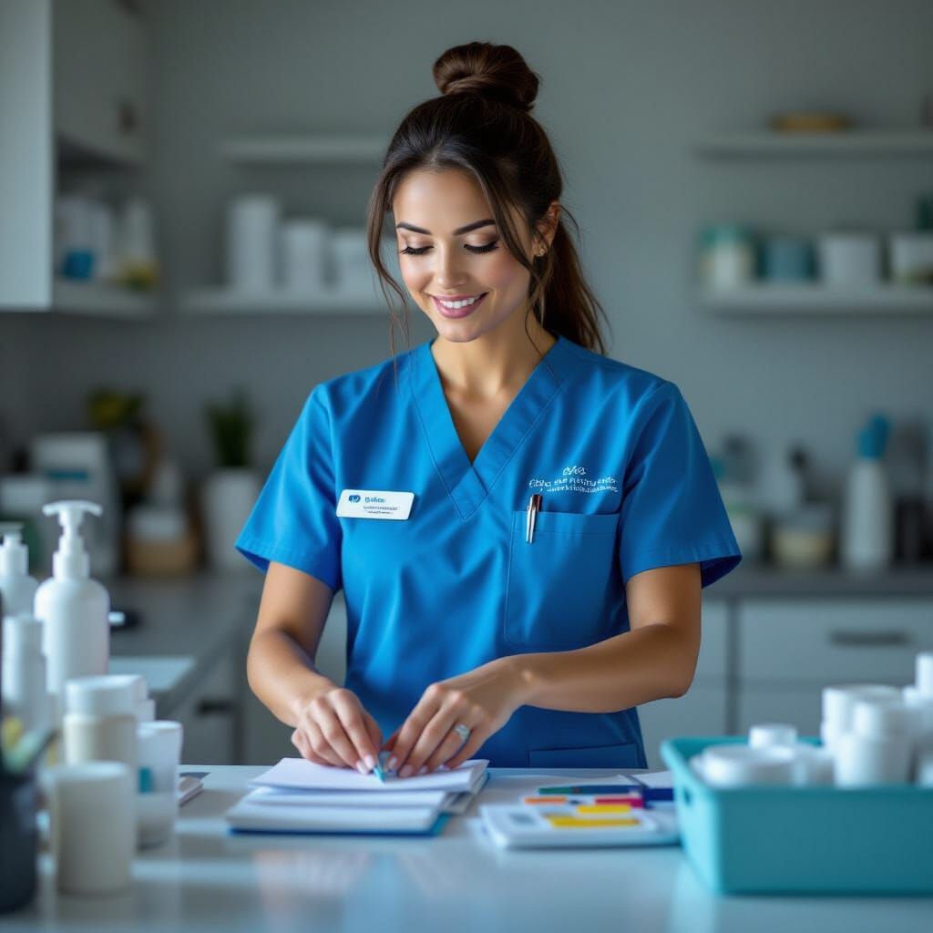 Nurse Organizes Supplies in Realistic Photography Style