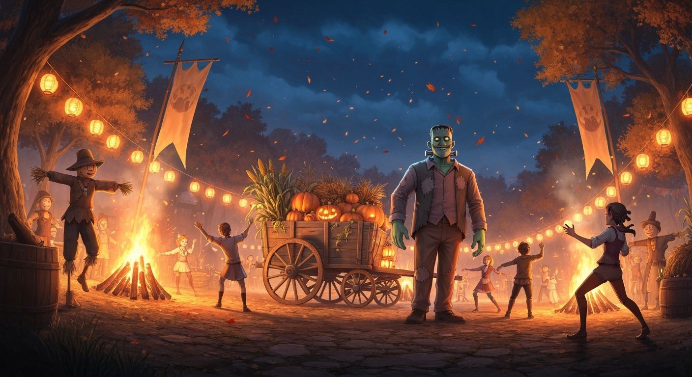 Giant Monster Hosts Vibrant Anime Harvest Festival at Night