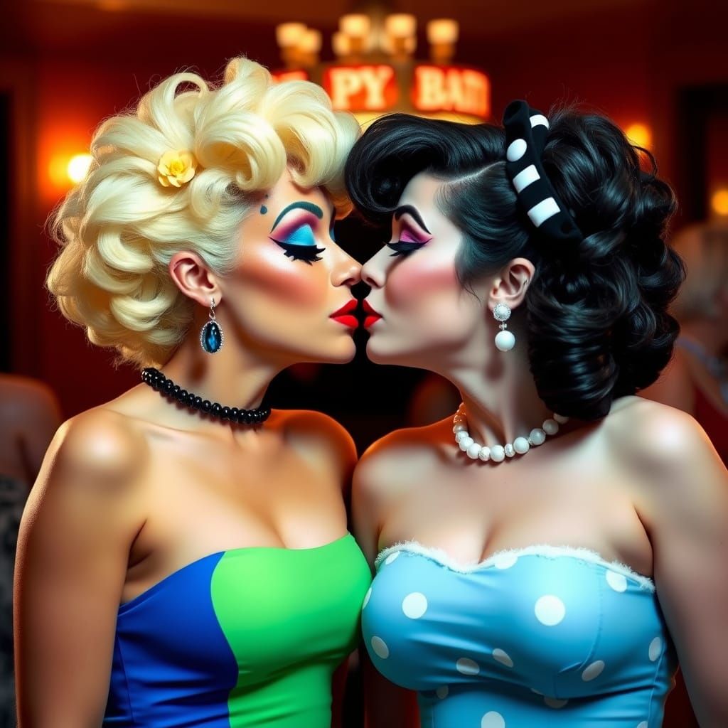 Women in Marge and Betty Dresses Kissing