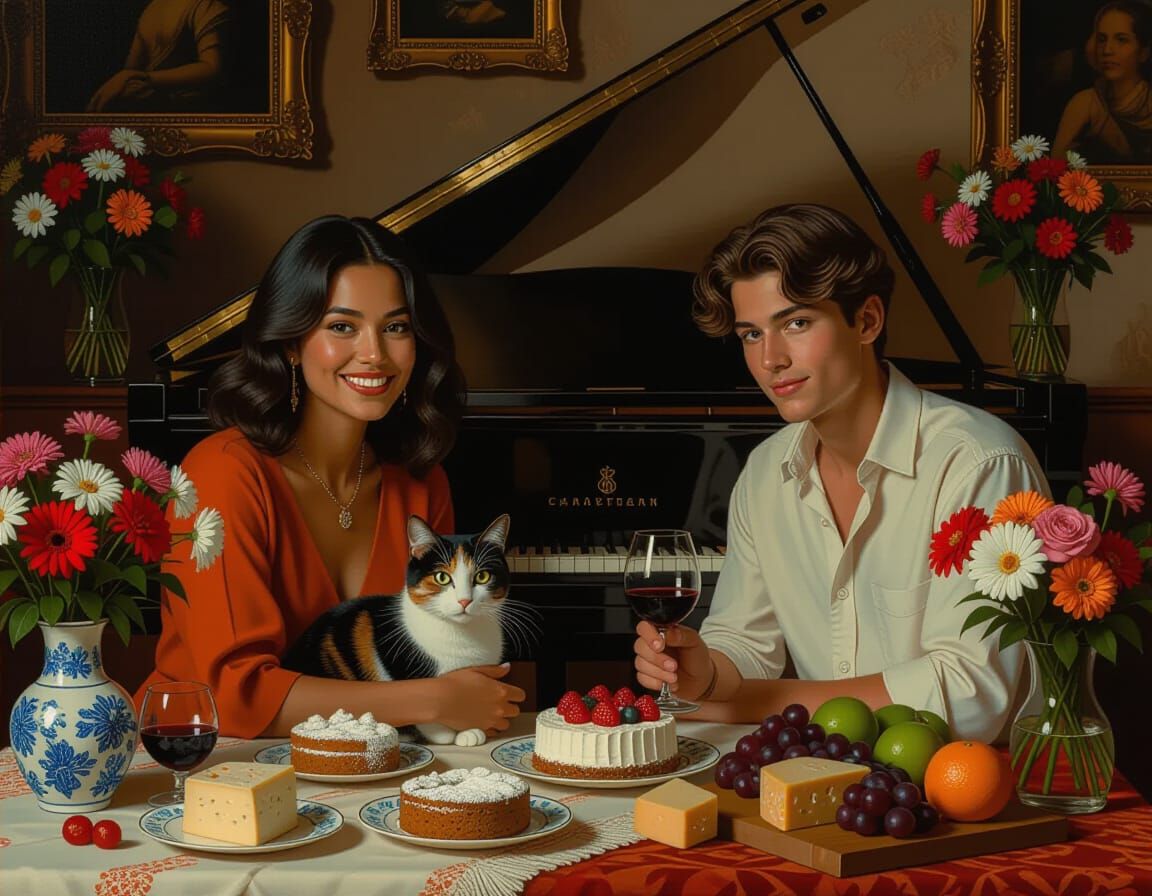 Melancholic Lounge Scene with Piano and Cat, Oil Painting