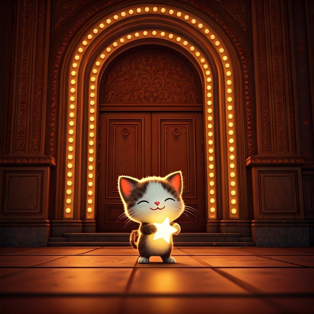 Whimsical Kitten Illuminates Theater Door with Glowing Star