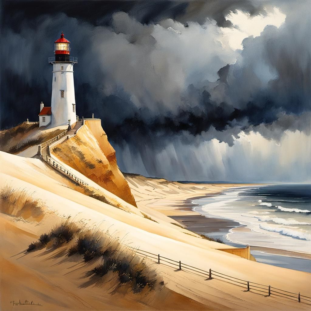 Lighthouse on Shifting Dune During Stormy Evening