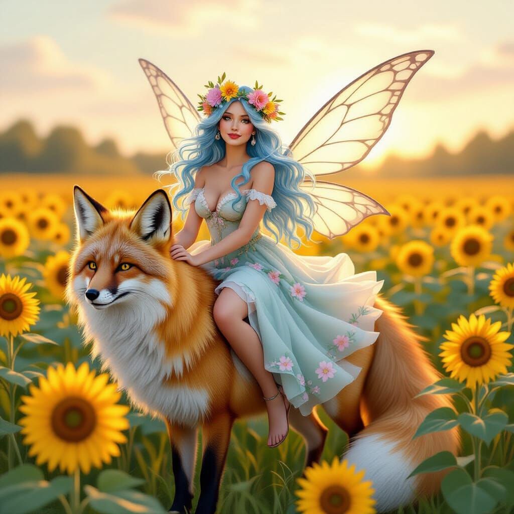 Fairy Rides Fox Through Sunflower Field: Whimsical Art