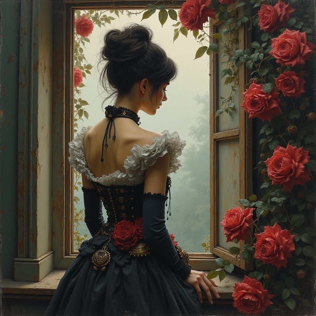 Steampunk Woman Climbing Rose Trellis: Impasto Portrait
