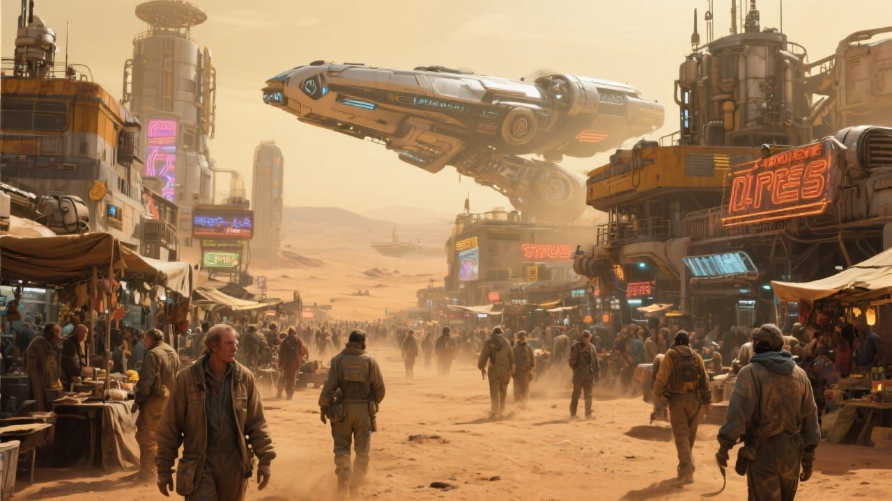 Bustling Space Colony Market on Desert Planet