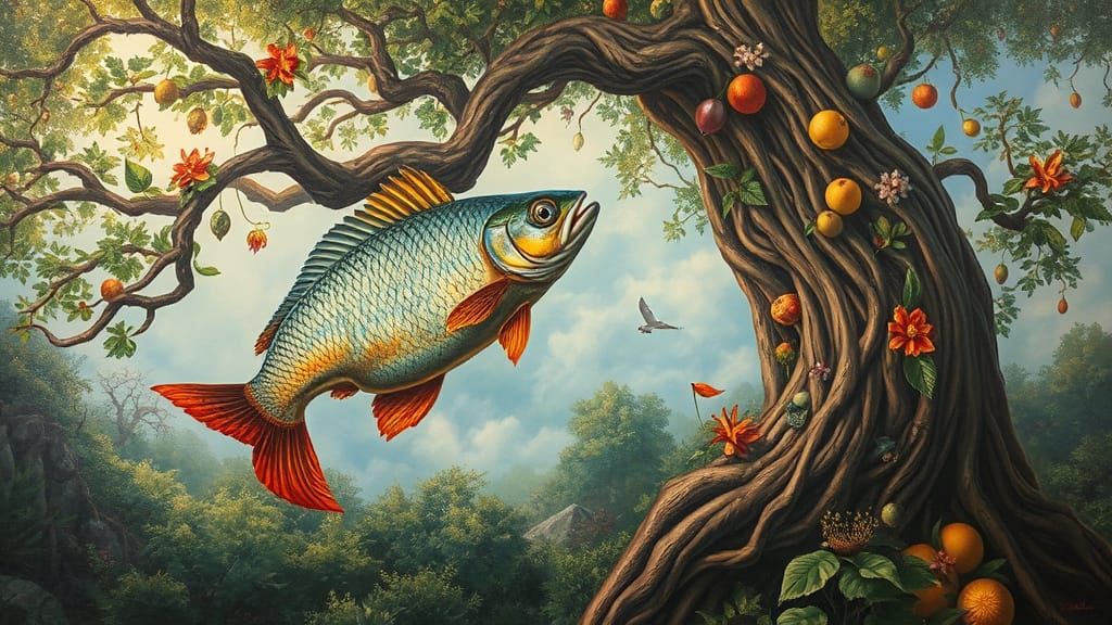 Fish Climbing a Tree in Surreal Style