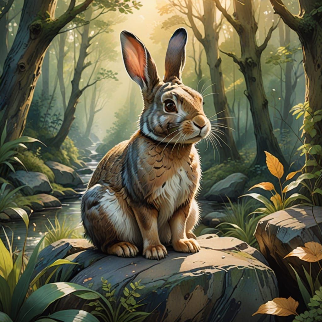 Whimsical Rabbit Otter Hybrid in Watercolor Forest