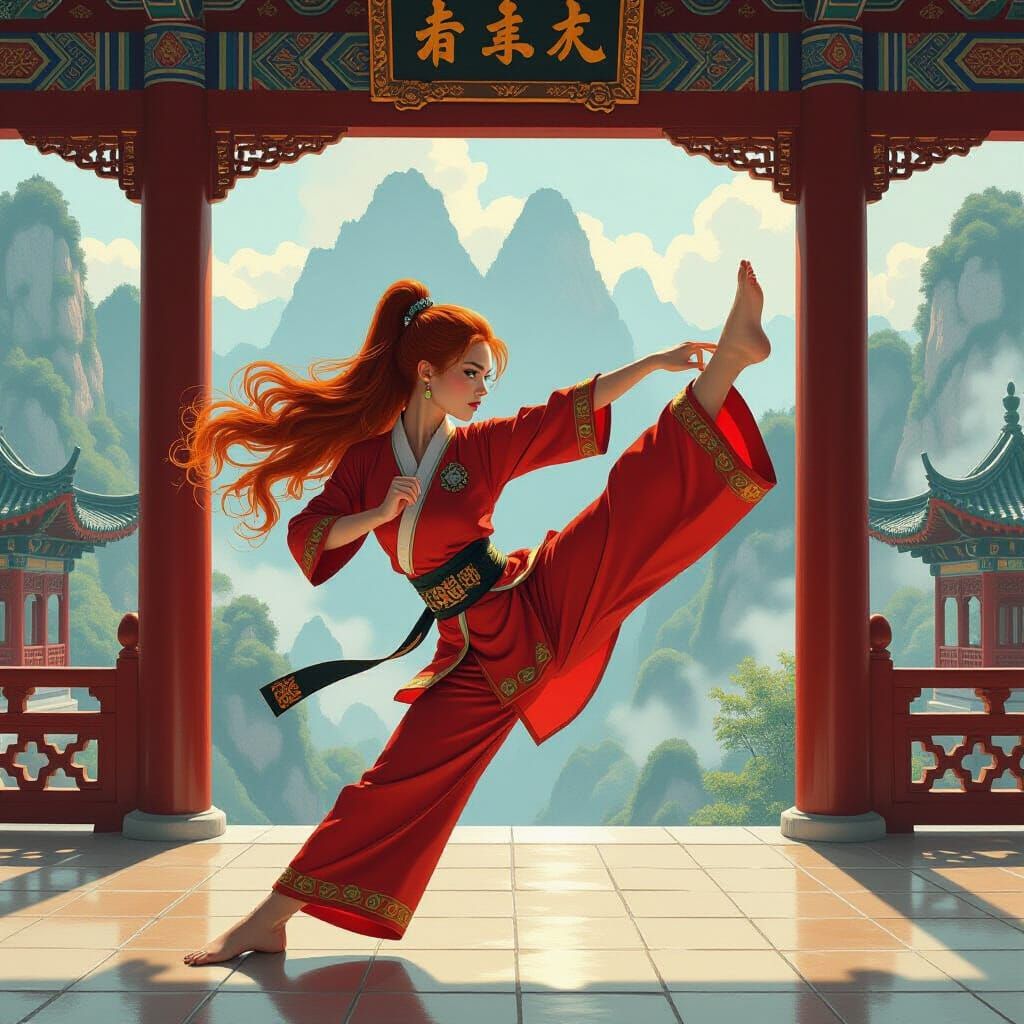 Redhead Performs Kata in Ornate Buddhist Temple