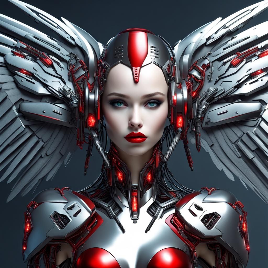 Cyber Angel with Futuristic Wings and High-Tech Armor