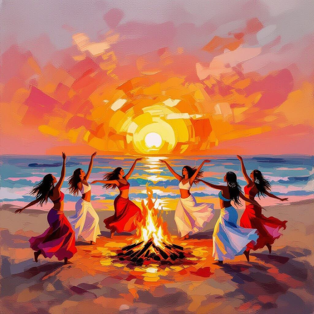 Kundalini Dancers Around Bonfire at Sunrise, Impressionistic...