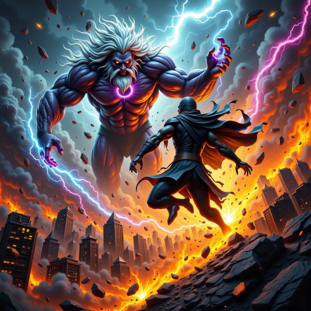 Hero Unleashes Energy Blast at Elemental God Over City