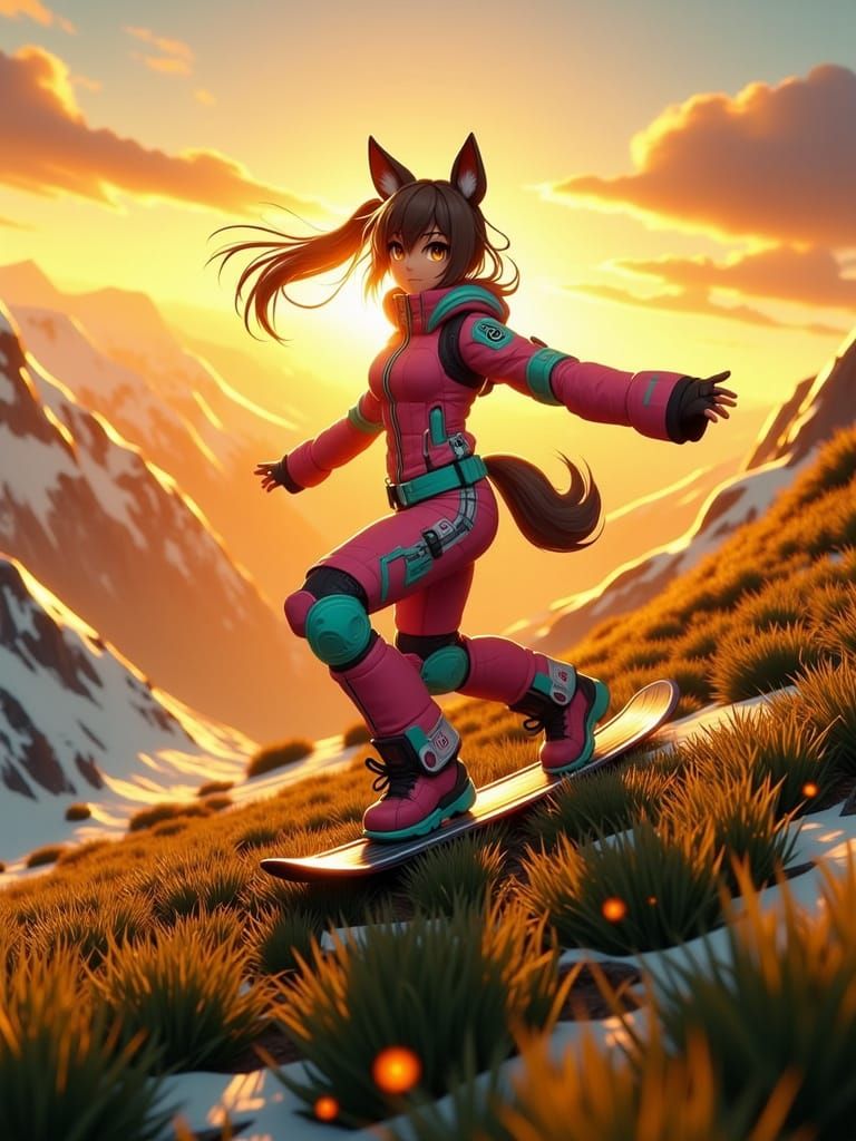 Anime Female Kitsune in snow suit snowboarding down a Mountainside with sunset in the background. Pink, blue, and green....