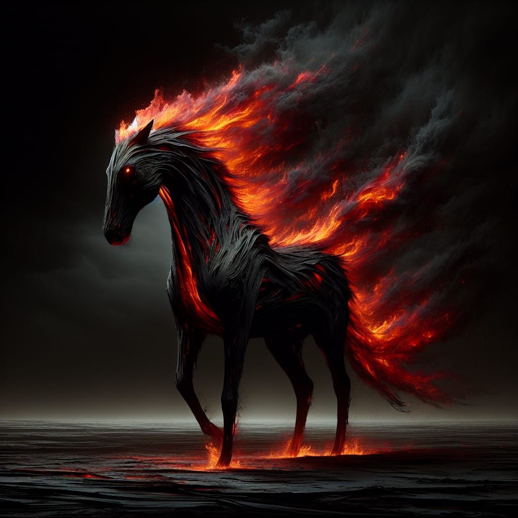 Fiery Dark Horse in Shadowy Morbid Landscape