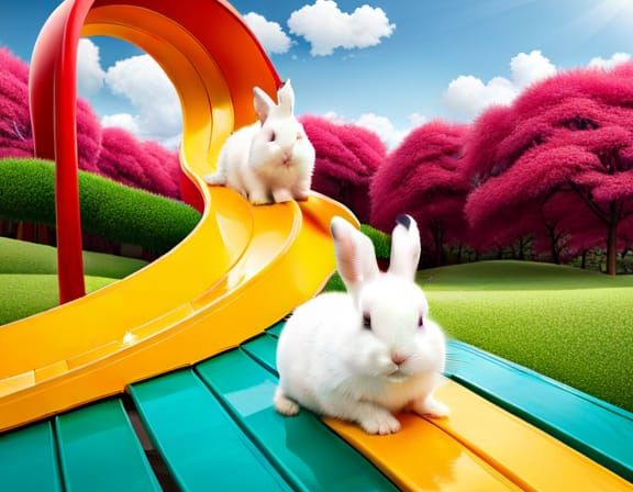 Cute Rabbits Play on a Park Slide