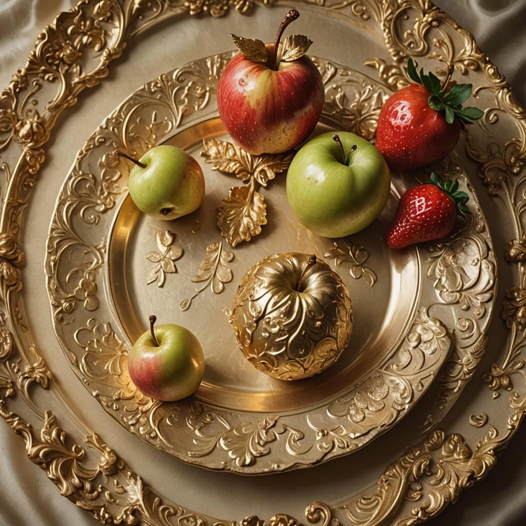 Golden Still Life with Fruit and Baroque Ornamentation