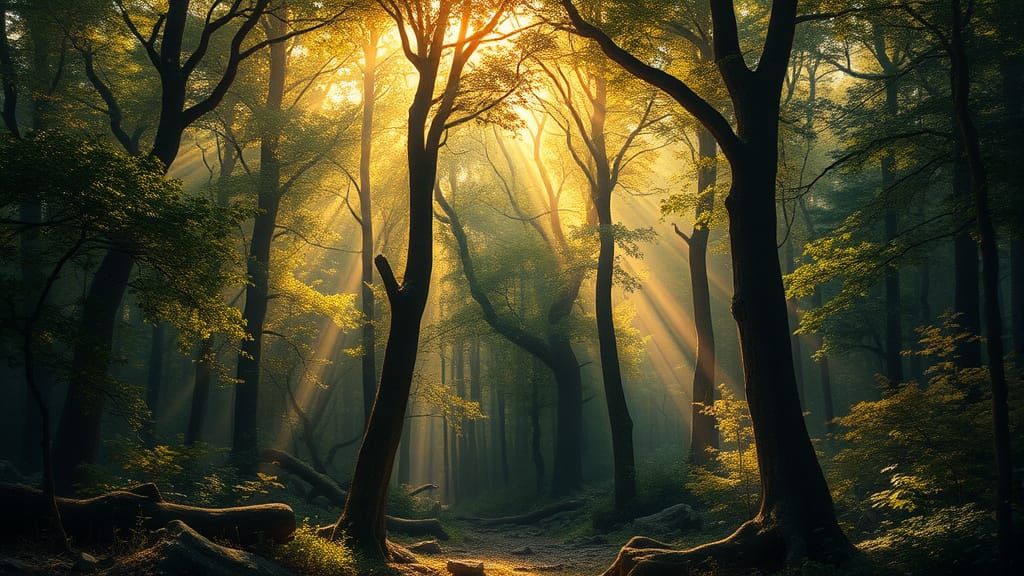 Golden Light Filters Through Lush Canopy in Dreamlike Forest...