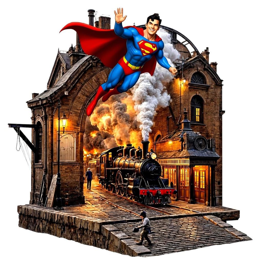 Add Superman flying above the train, smiling and waving at t...