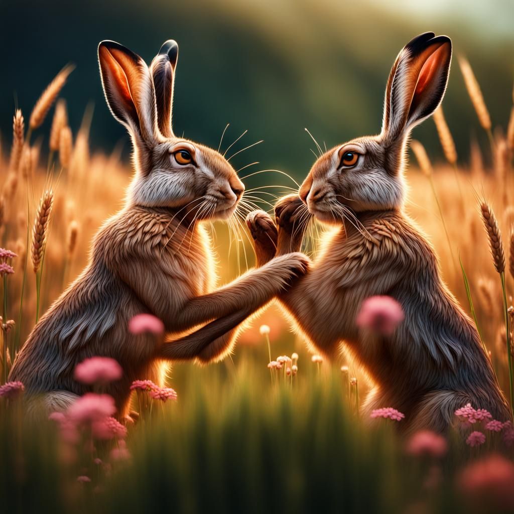 Boxing Hares in Wheat Field: Detailed Matte Photography