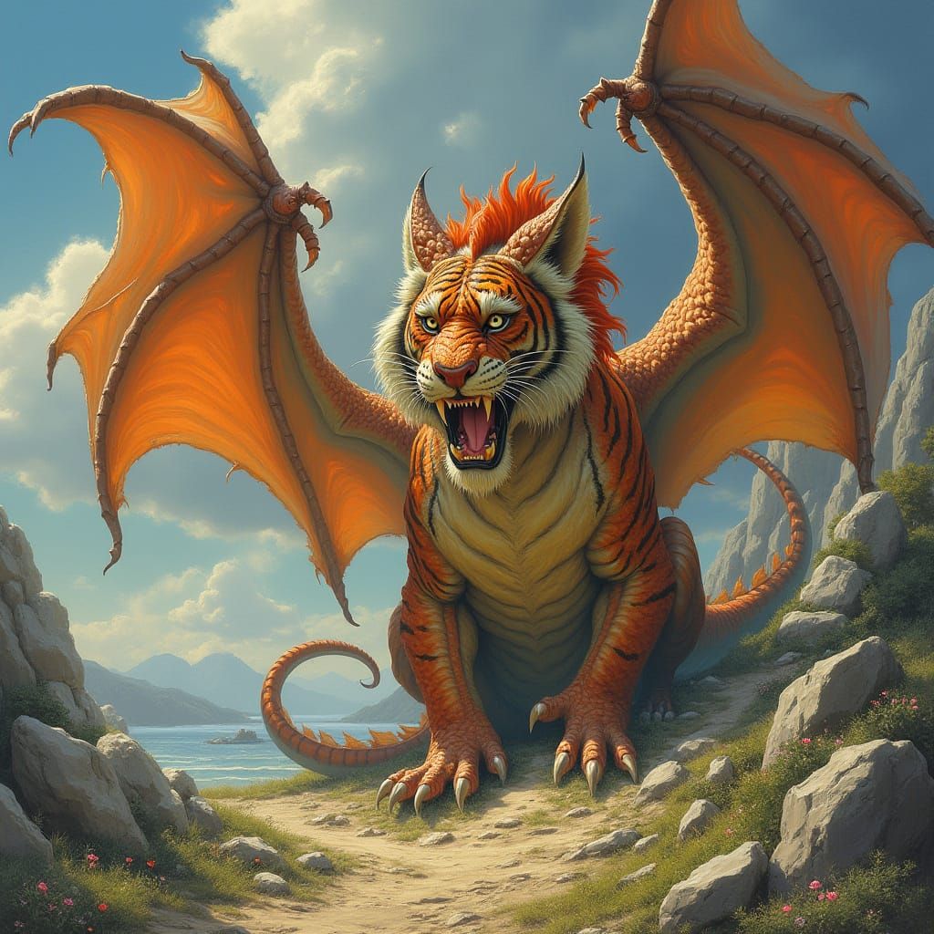 Majestic Tiger-Headed Dragon with Canine Paws and Fiery Brea...