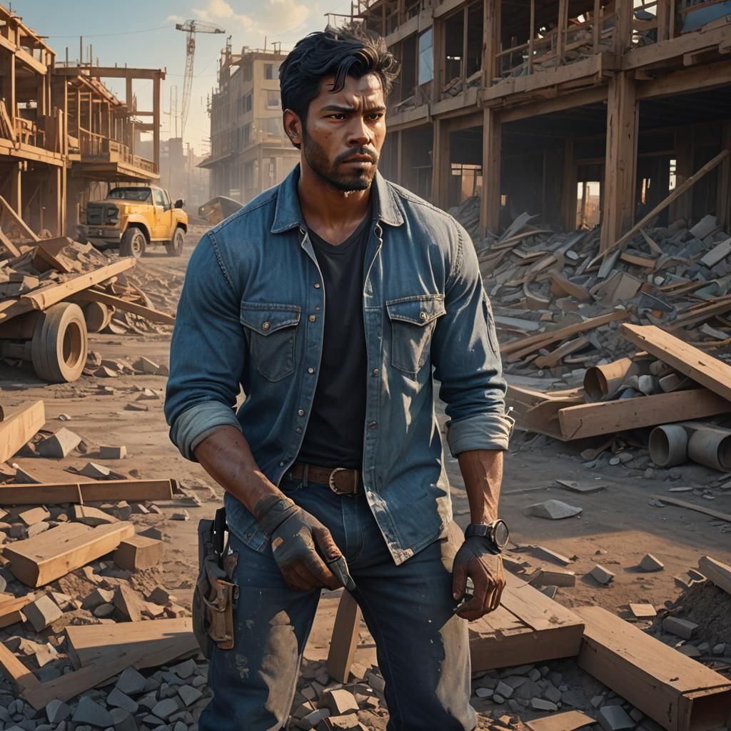 Construction Worker at Sunset: Fantasy Concept Art