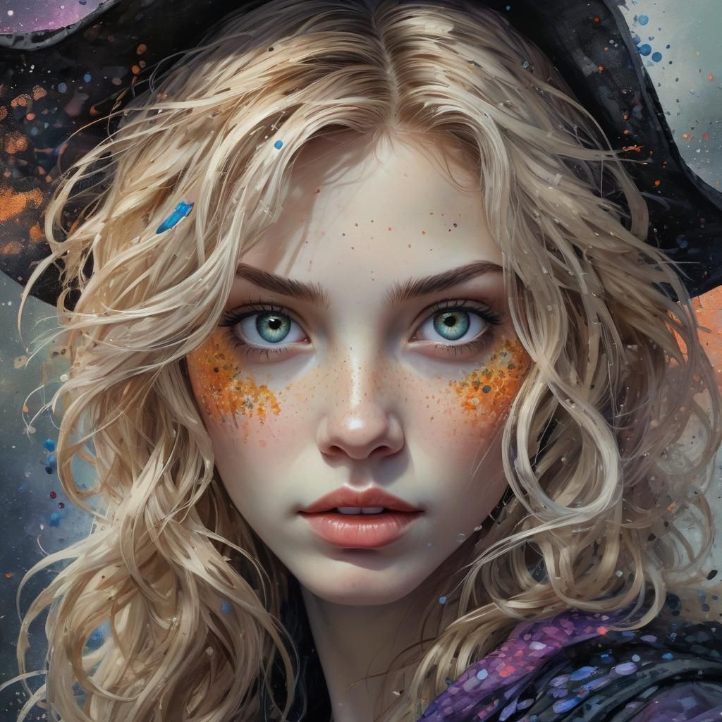 Magical Witch Portrait with Watercolor and Oil Paint Effects