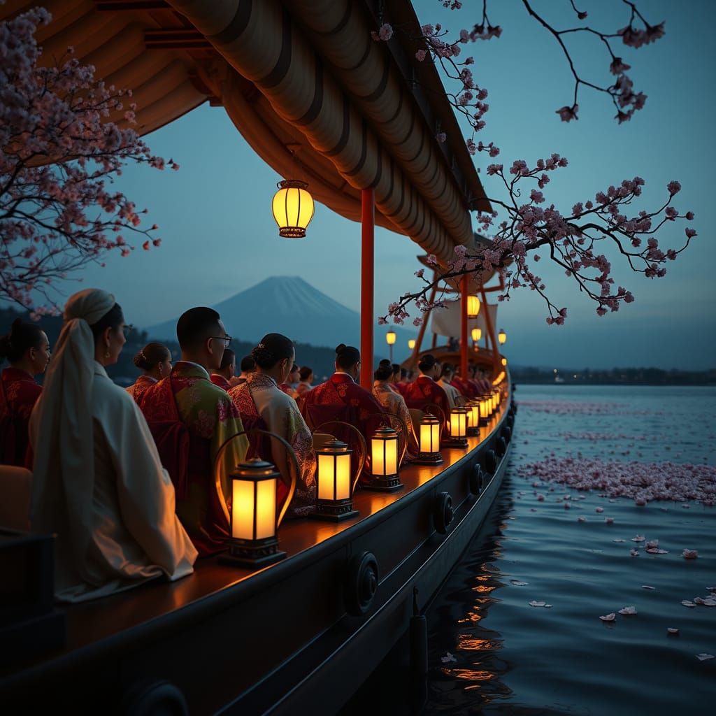 Japanese Imperial Barge Ceremony with Fuji and Cherry Blosso...