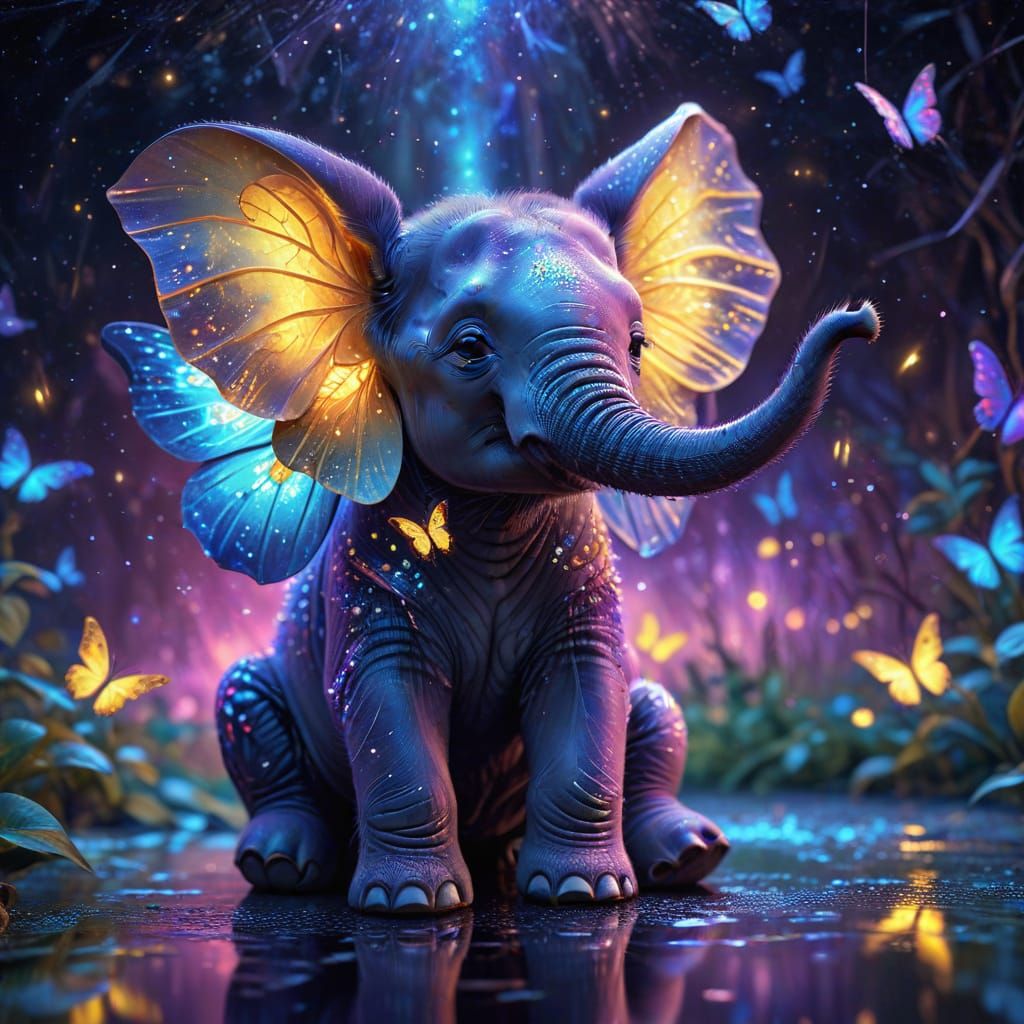 Surreal Baby Elephant with Butterfly Wings on Mirror