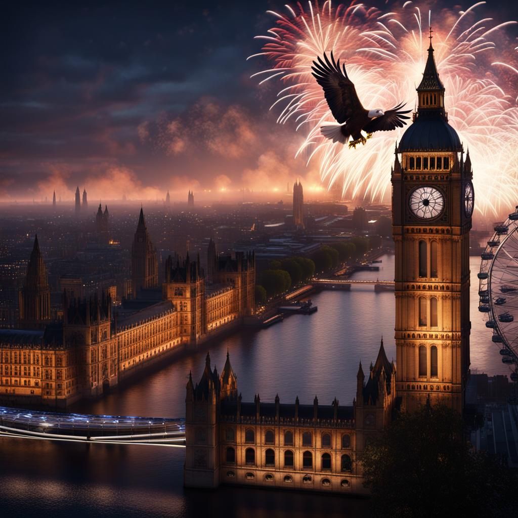 Fireworks Over London Eye: Detailed Matte Painting