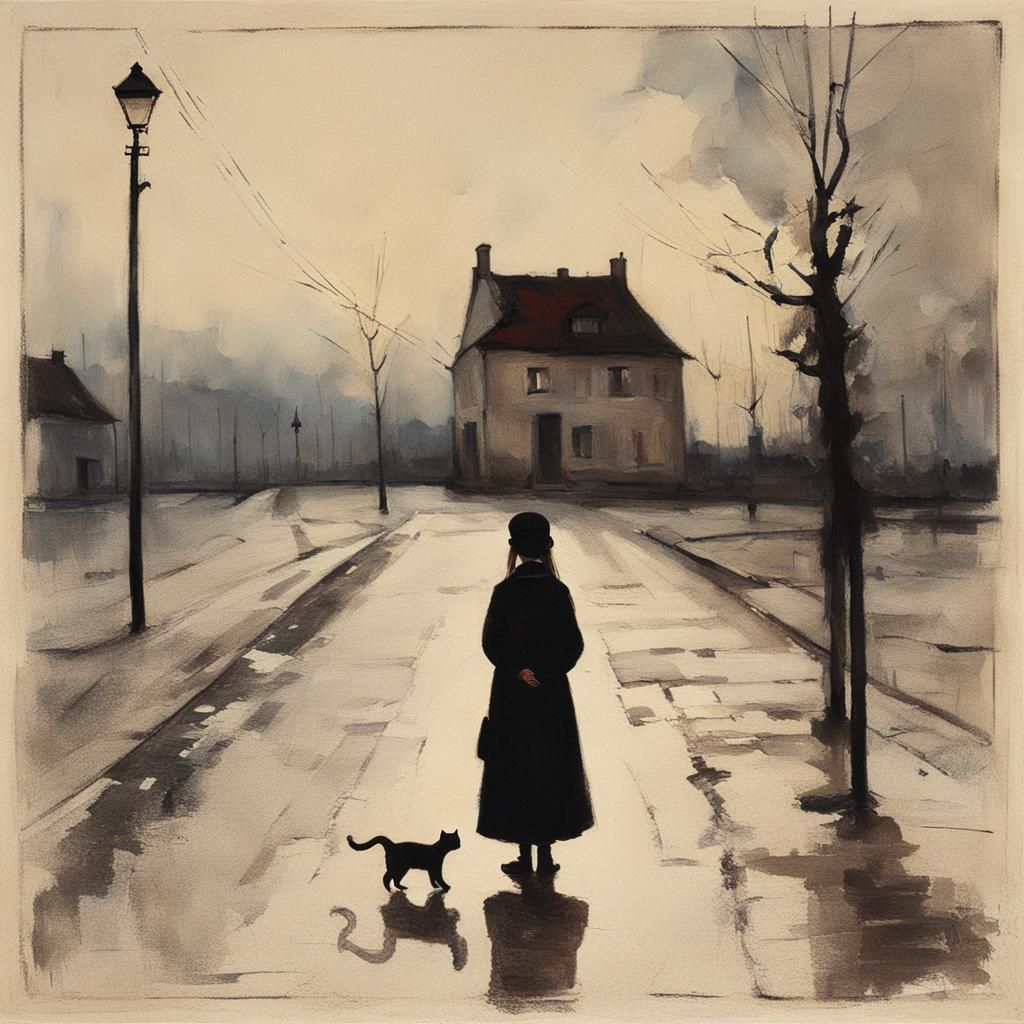 Girl with Cat at Crossroads in Symbolic Style
