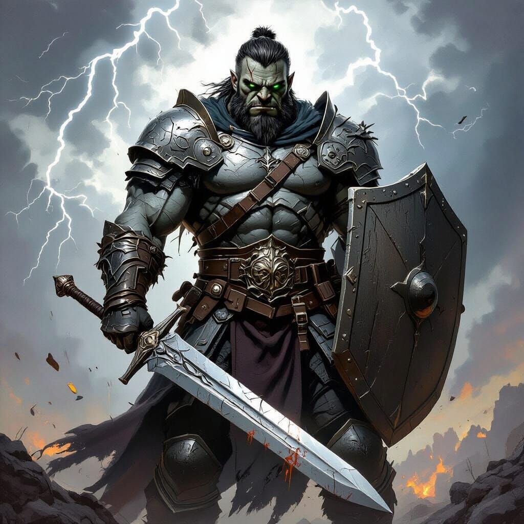 Half-Orc Paladin Wielding Sword and Shield in Epic Fantasy A...