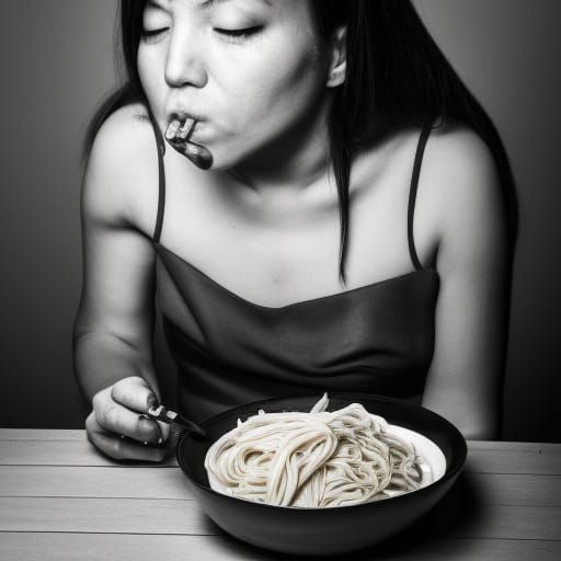 Woman eating pasta with snails and smoking a cigarette