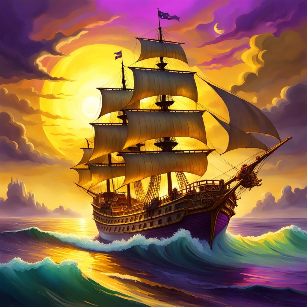 Vibrant Galleon Ship Sails Through a Dazzling Multicolored S...