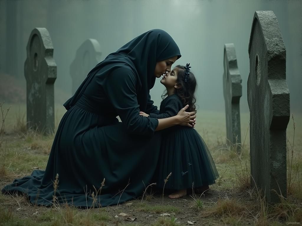 Grieving Mother and Child Ghost in Oil Painting