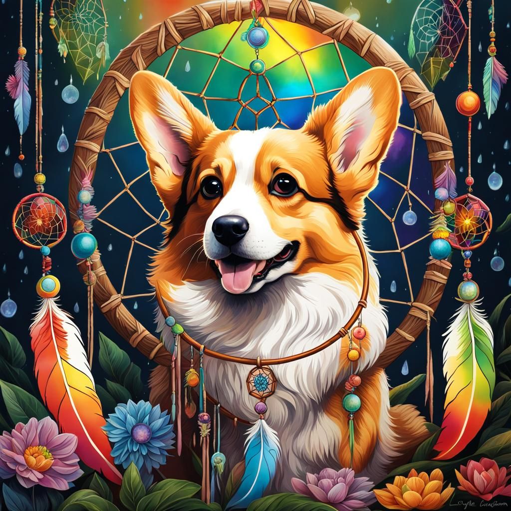 Corgi Fetching Dream Catcher with Rainbow