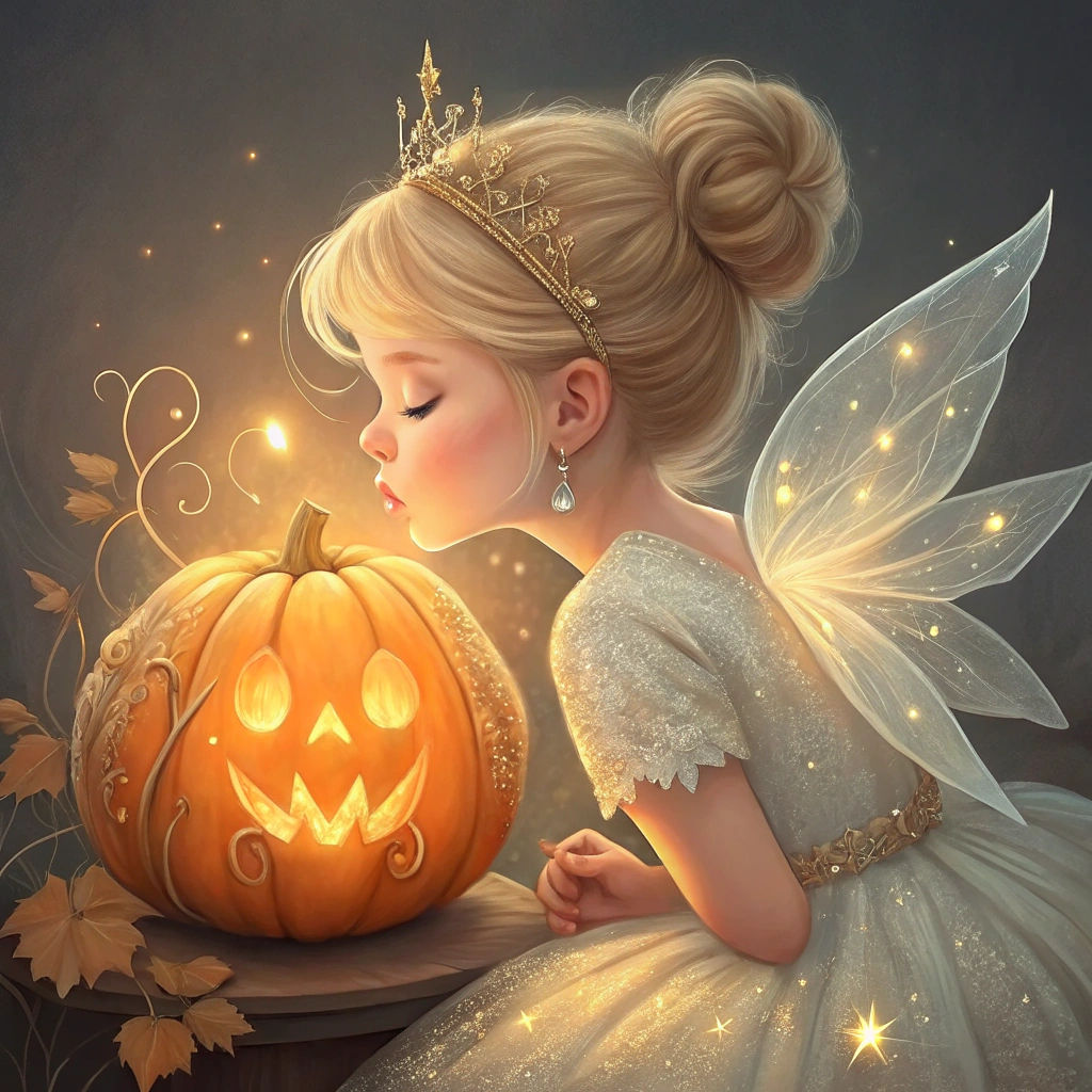 Blonde Fairy Kisses a Glowing Jack-o'-Lantern