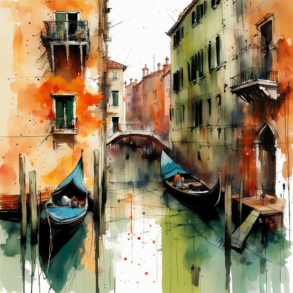 Venice Cityscape in Neo-Impressionistic Watercolor