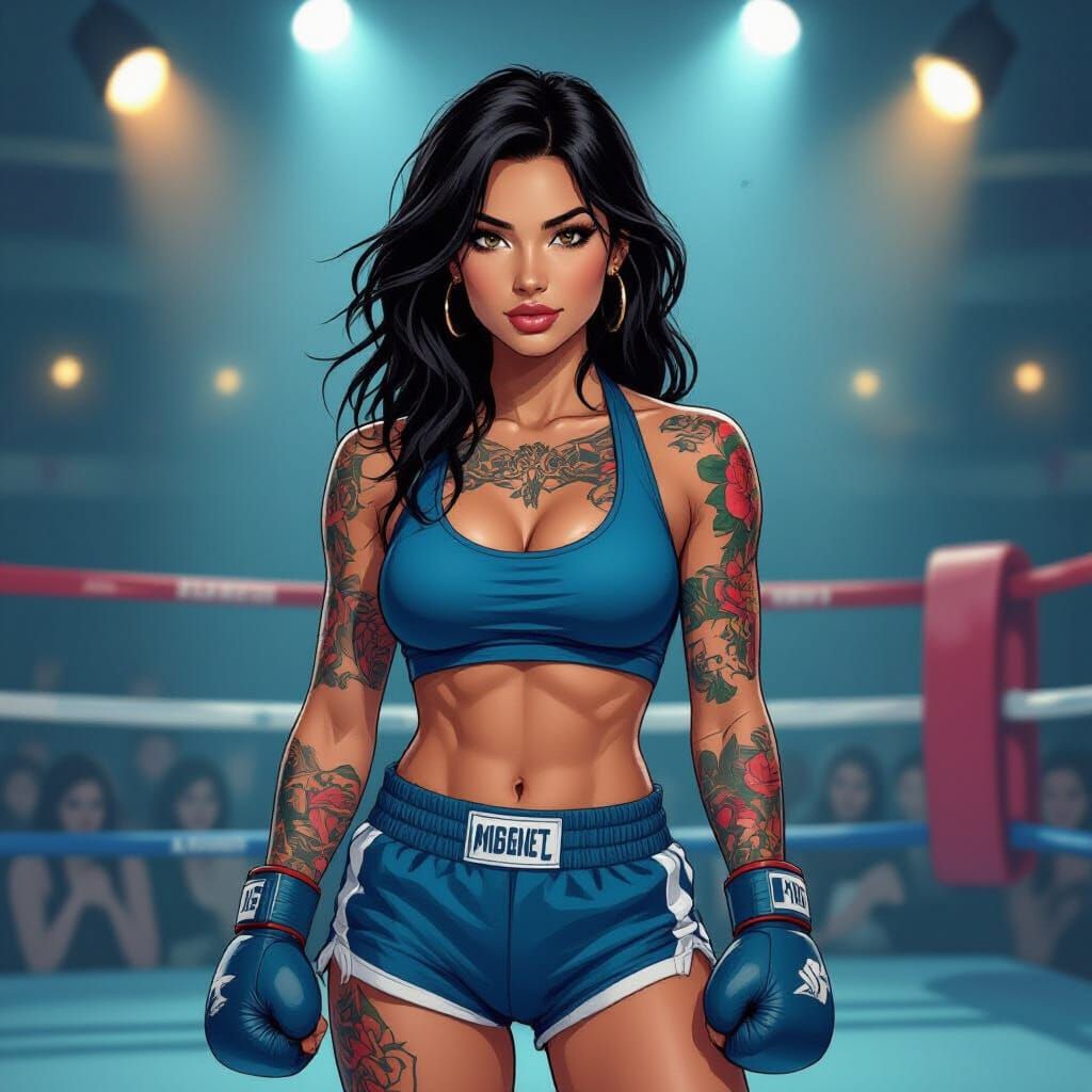 Confident Tattooed Woman in Boxing Ring, Noir Illustration