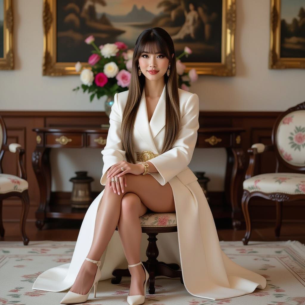 Asian Woman in Antique Room, Golden Hour