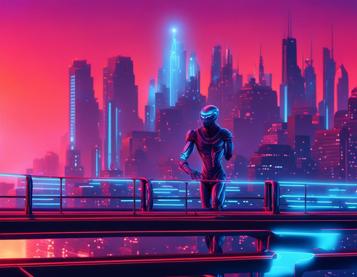 Alien on Neon Bridge in Synthwave Style