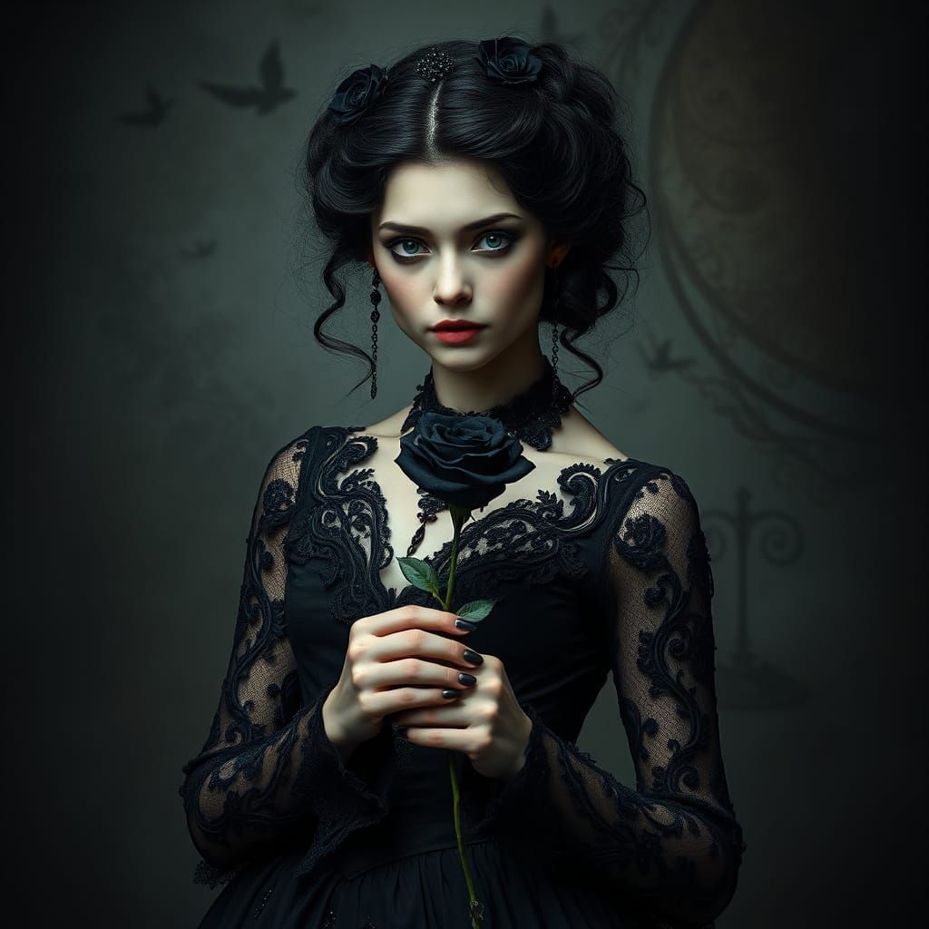 Gothic Princess with Black Rose in Baroque Backdrop