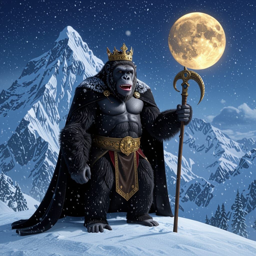Fantasy Hybrid Ape King with Sword and Crown on Icy Mountain