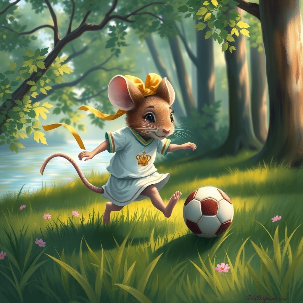 Whimsical Lady Mouse Plays Football by the Riversid