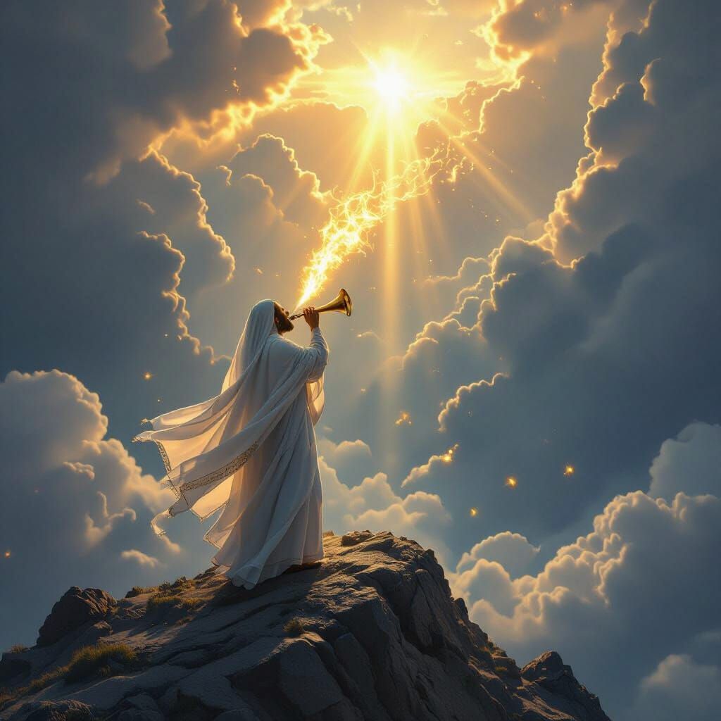 Jewish Man Blowing Shofar in Divine Light