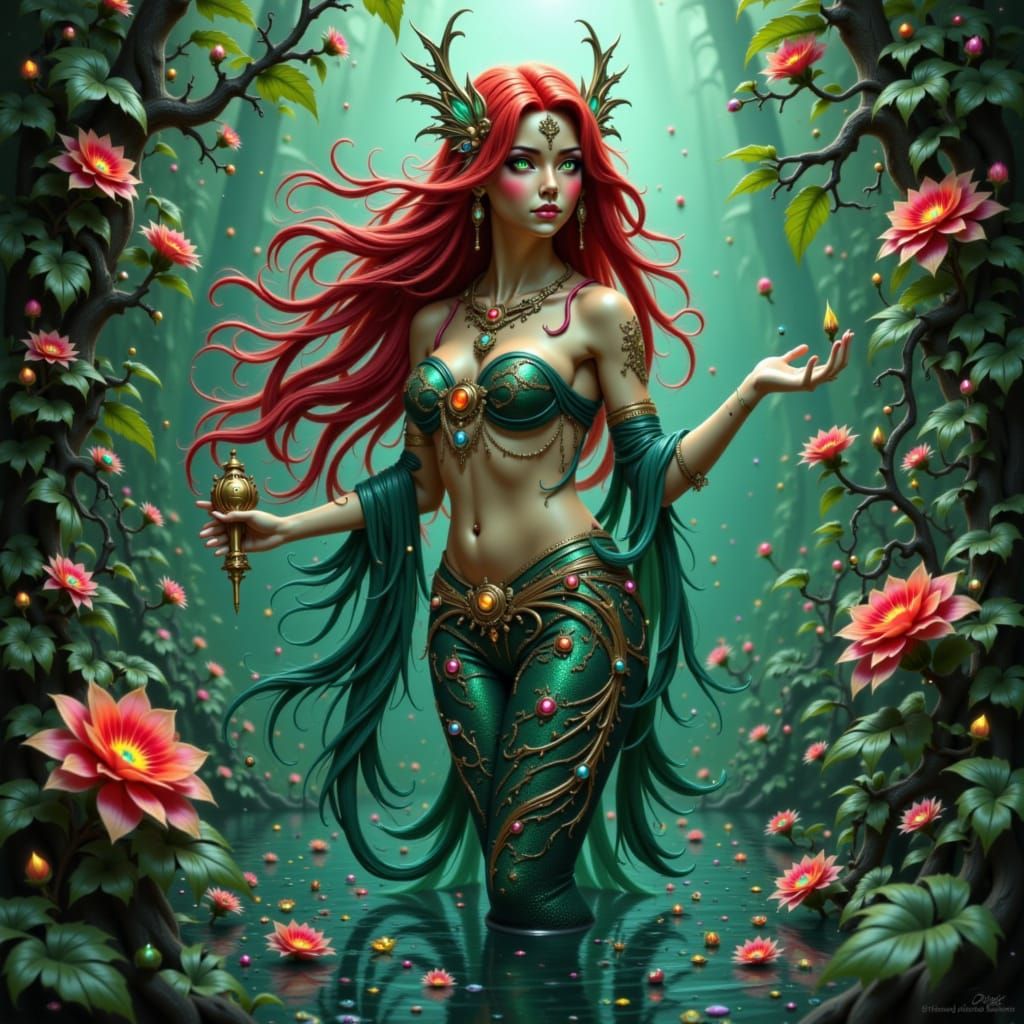 Merfolk Rogue Rising from Emerald Pond in Futuristic Style